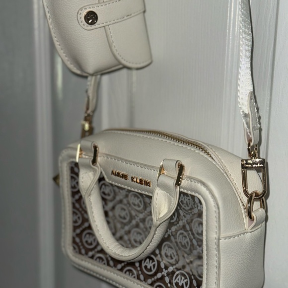 Anne Klein White and Brown Mini Bag with Geometric Pattern - Picture 4 of 9